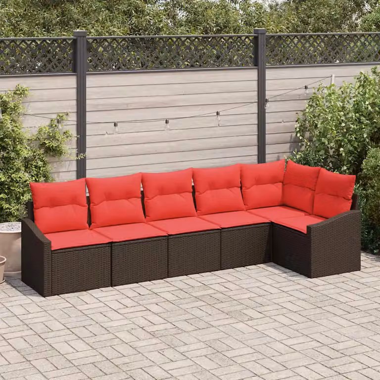 Set di divani da giardino vidaXL composto da 6 pezzi in rattan marrone con struttura in acciaio e cuscini inclusi