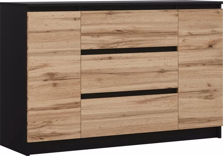 Cassettiera, nero opaco, rovere Wotan, 120 x 78 x 39 cm, 2 ante, 3 cassetti