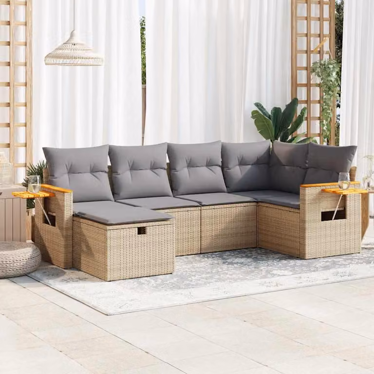 Set Divano da Giardino a L vidaXL 6 pz con Cuscini Beige e Grigio in Polyrattan e Acciaio