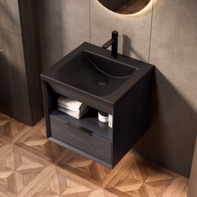 Mobile da bagno sospeso REDOM con lavabo integrato in ceramica nera e finitura rovere opaco L: 51 cm – 1