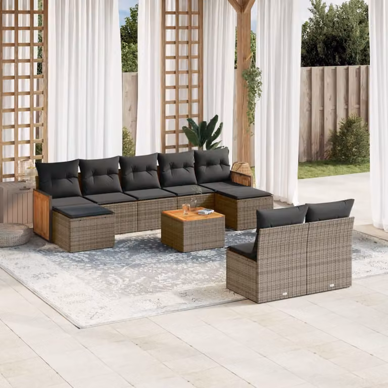 vidaXL Set Divano da Giardino 10 pz a Forma a U in Polyrattan Grigio con Cuscini e Tavolino da Caffè
