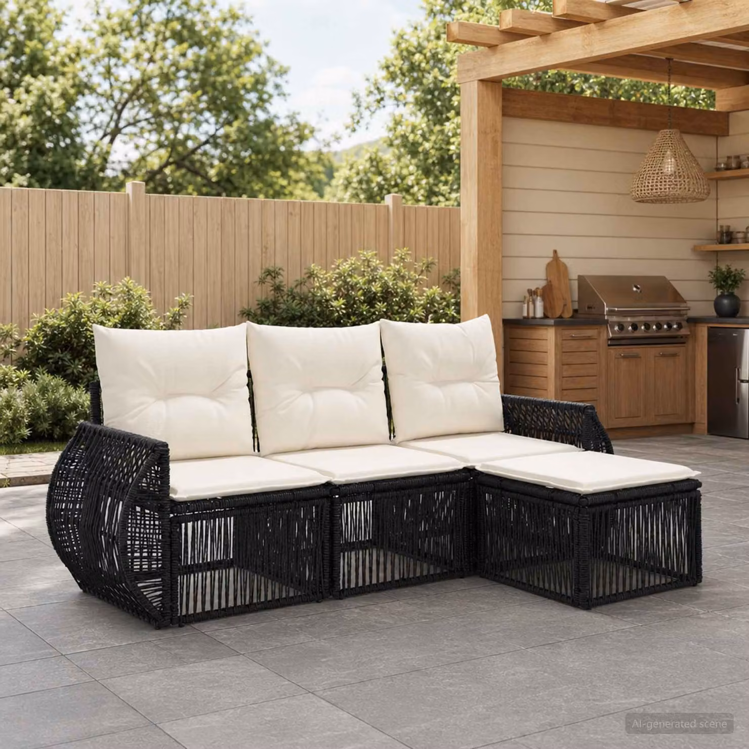Set Divano da Giardino vidaXL 4 pz a L in Polyrattan con Cuscini, Nero e Bianco Crema