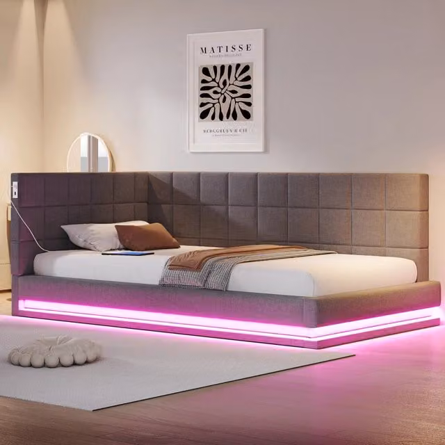 Letto imbottito 90x200 cm con LED; USB e rete a doghe in lino grigio