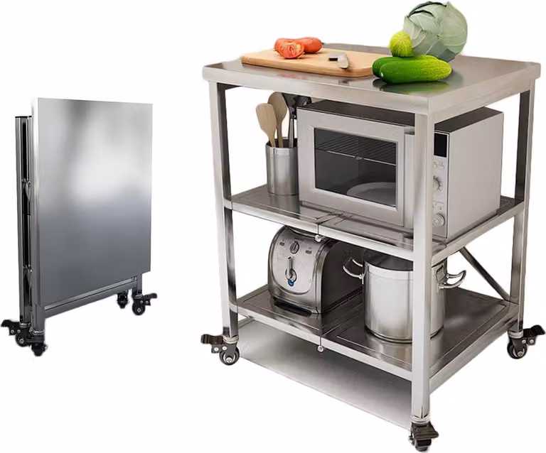Piano di lavoro in acciaio inox, 3 livelli, pieghevole, carrello di servizio, acciaio inox, tavolo da cucina con 4 ruote, tavolo in acciaio inox, tavolo per la preparazione dei cibi, supporto per microonde, salvaspazio per la cucina