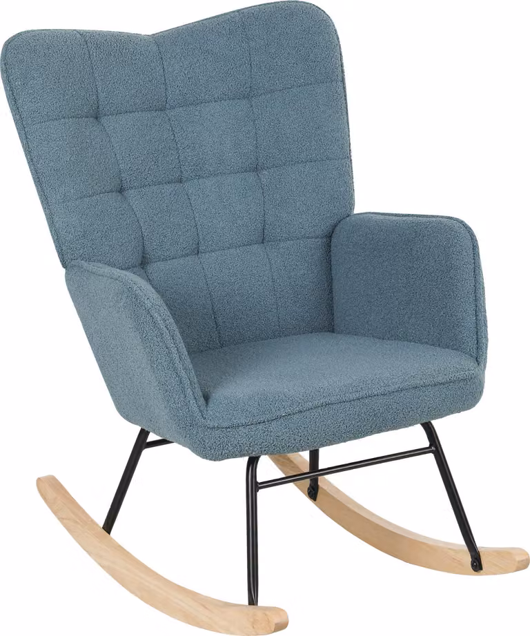 Fortuna Lai Sedia a dondolo, poltrona a dondolo con rivestimento in tessuto berbero, braccioli, poltrona imbottita con pattini in legno, poltrona relax per soggiorno, camera da letto, portata massima 120 kg, azzurro