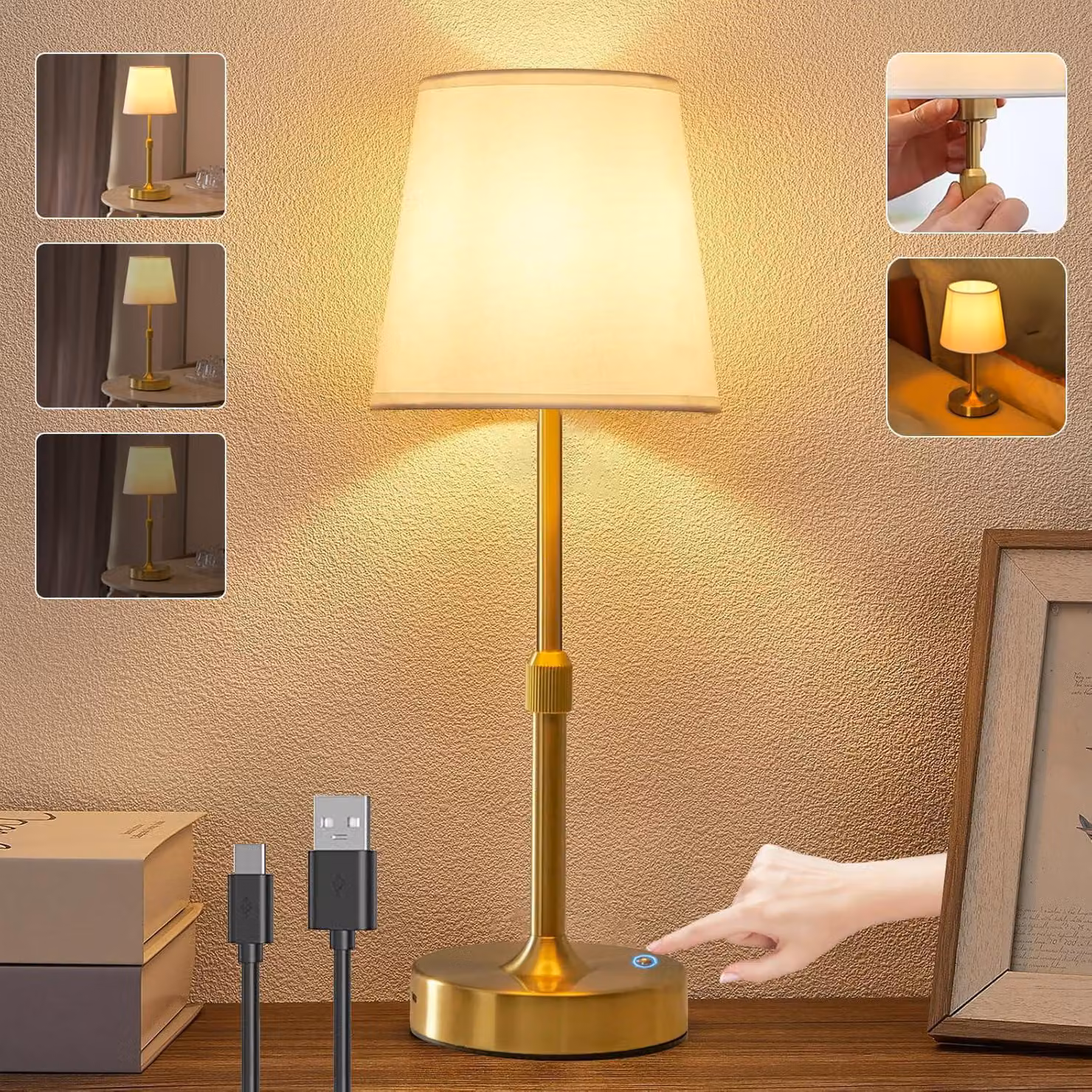 Lampada da tavolo senza fili, LED dimmerabile, lampada da comodino a batteria