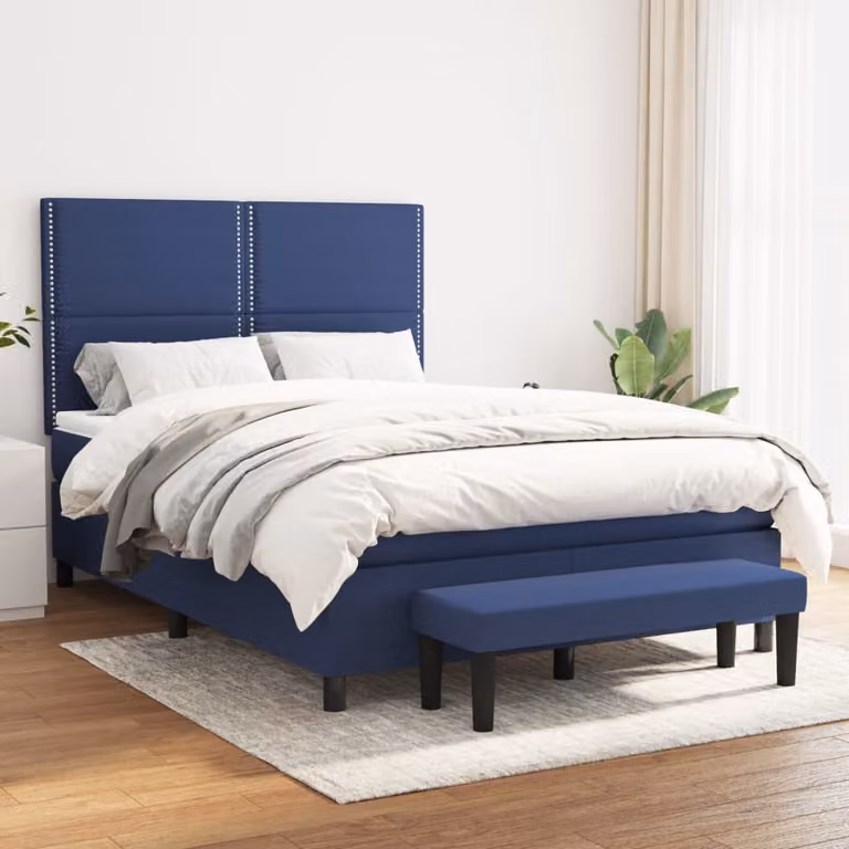 The Living Store Letto a molle con materasso Blu 140x200 cm in tessuto