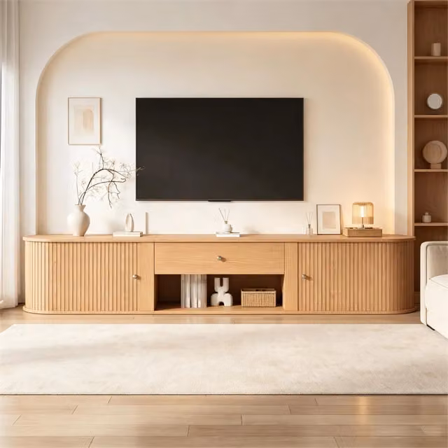 Mobile TV 180x40x40 cm design rotondo, 2 ante a rullo e 1 cassetto, per TV fino a 75", legno, soggiorno e sala da pranzo