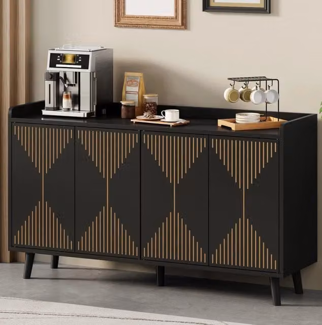 Credenza con 4 ante; ripiani regolabili e vano superiore aperto 140x40x84 cm in MDF nero