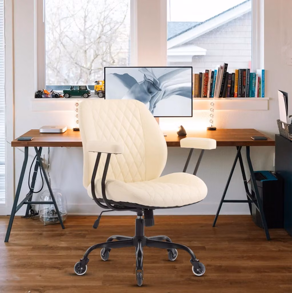Sedia da ufficio ergonomica moderna in ecopelle bianca con braccioli e ruote per casa e ufficio – 2