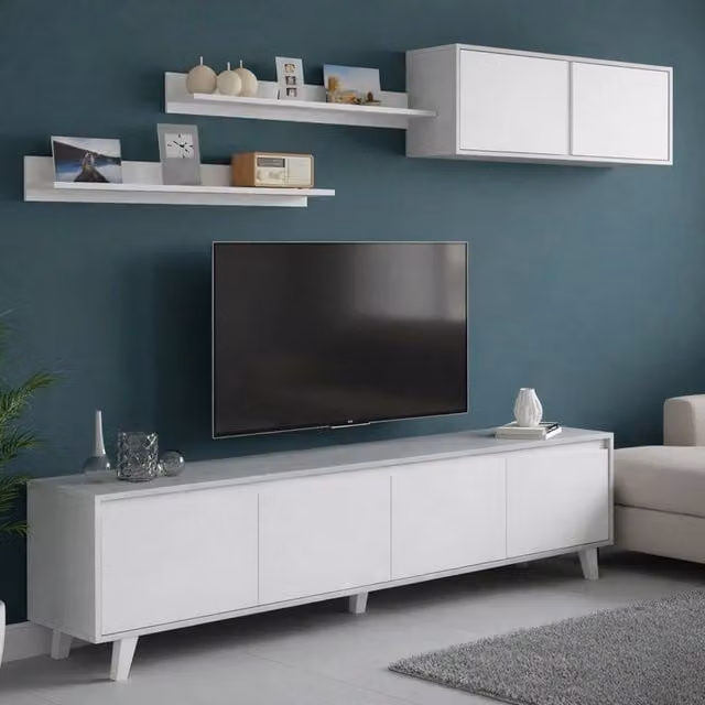 Parete attrezzata Kaya, Set da soggiorno, Mobile salotto multiuso, Parete attrezzata moderna, 200x41h50 cm, Cemento e Bianco lucido