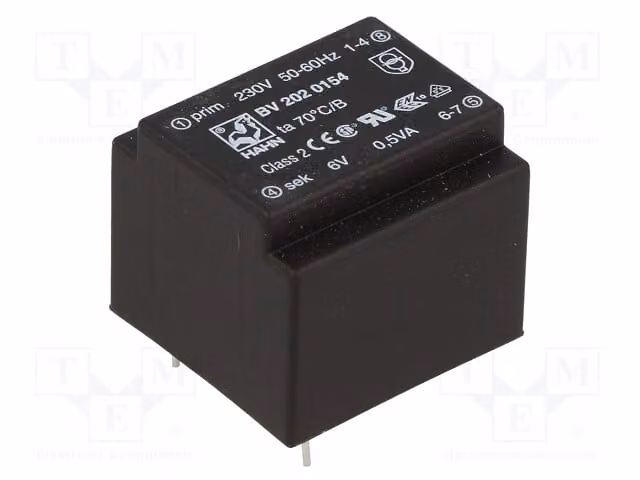 Trasformatore: rivestito; 0,5 VA; 230 VAC; 6 V; 83 mA; Montaggio: circuito stampato BV 202 0154. Trasformatori per circuiti stampati