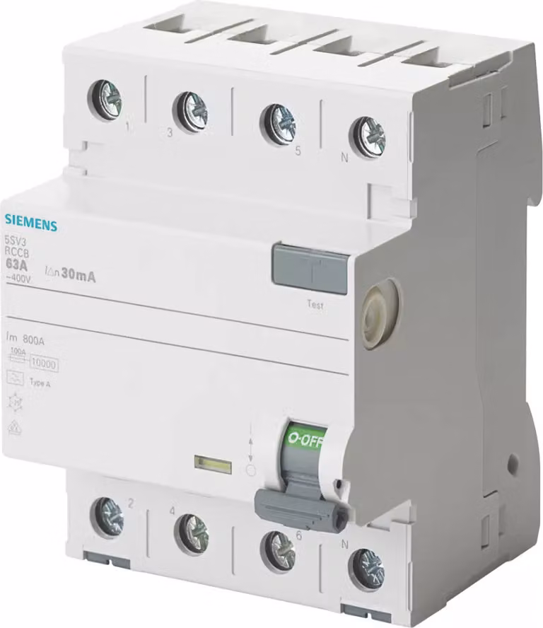 Interruttore differenziale Siemens, a 4 poli, tipo A, corrente nominale: 80 A, 500 mA, tensione nominale CA: 400 V 5SV37476