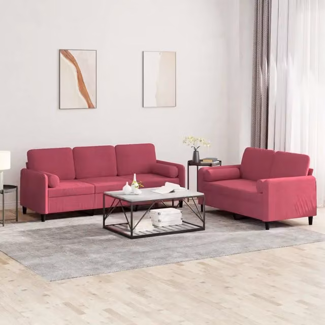 Set di 2 divani vidaXL in velluto rosso con cuscini per soggiorno in stile moderno