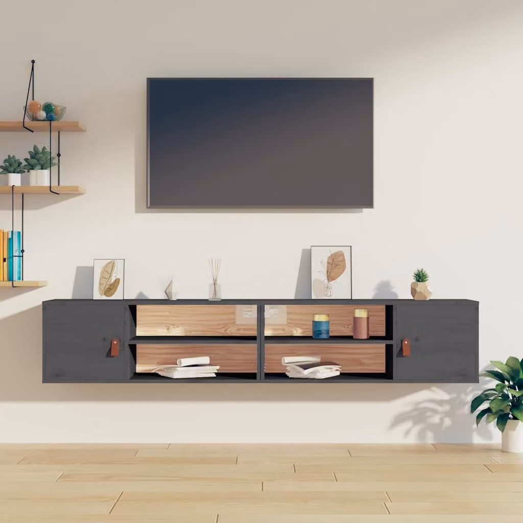 Set di 2 pensili vidaXL in legno massello di pino grigio, modello rustico da parete, L 80 cm x P 30 cm x H 30 cm