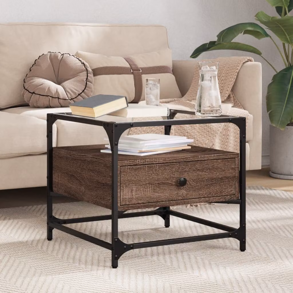 Maison Exclusive - Tavolino con piano in vetro, finitura effetto legno di quercia marrone, 50x50x45 cm, struttura in acciaio
