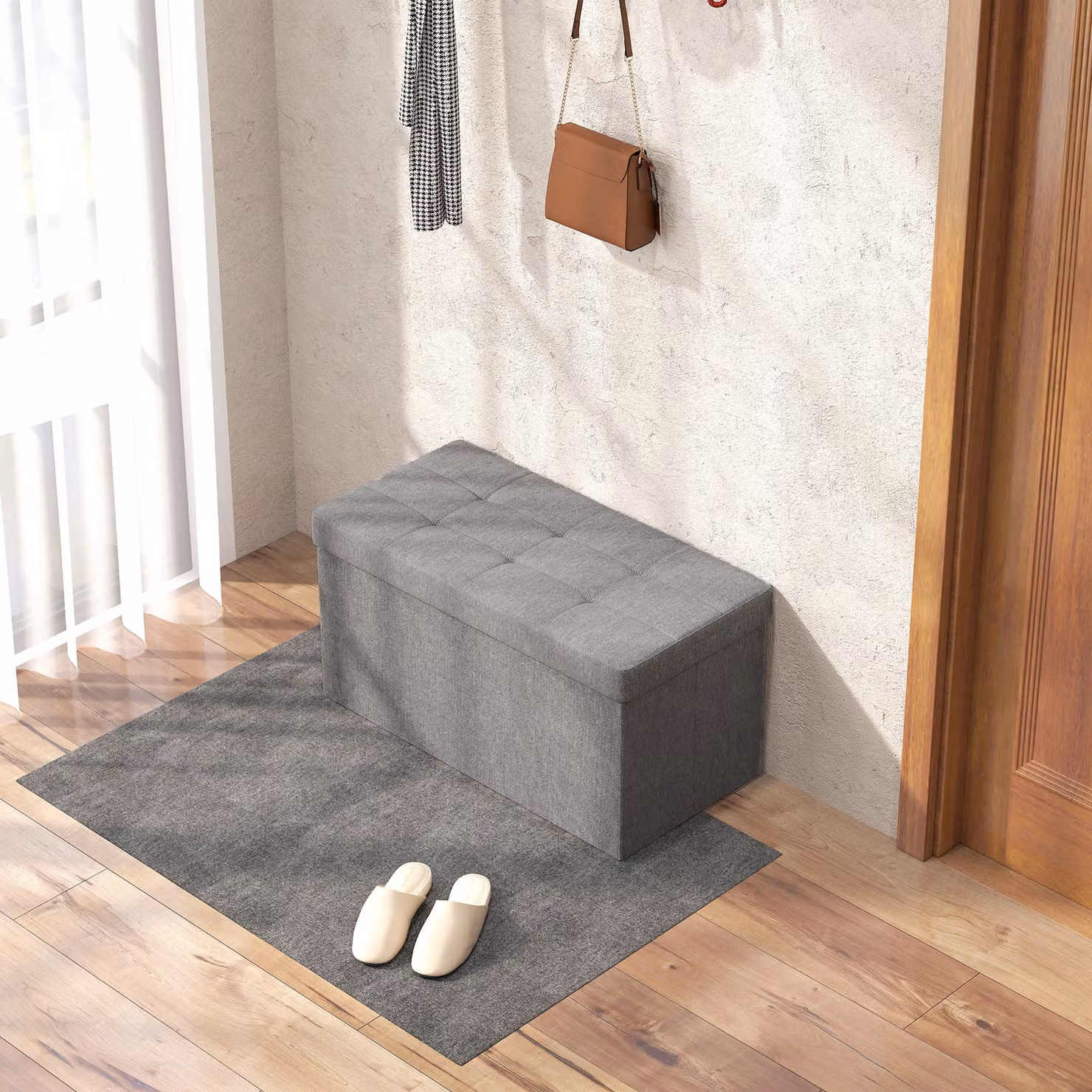 Baule Contenitore Pieghevole HOMCOM da 84 L in Lino Sintetico con Coperchio, Grigio Chiaro, L/P/H: 76 x 38 x 38 cm – 2