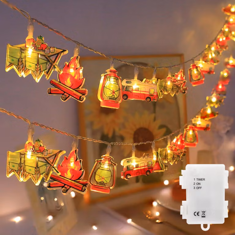 Catena luminosa da 3 metri, 20 LED, luce bianca calda, alimentazione a batteria, grado di protezione IP65, con timer, ideale per il campeggio