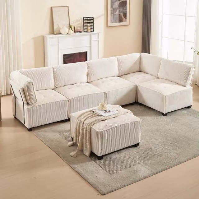 Divano modulare Zephmum da 6 posti beige con funzione letto e cuscini coordinati, configurabile a L o a U