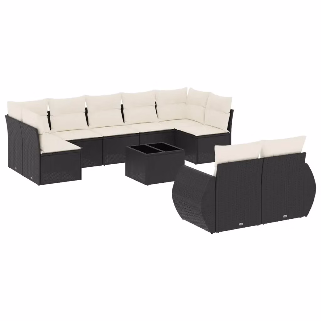 Set di divani da giardino a L vidaXL con cuscini e tavolino, struttura in metallo e rattan nero e bianco – 2