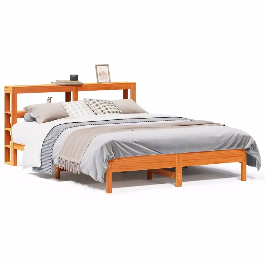 Letto rustico in legno di pino cerato marrone con ripiani laterali e doghe fisse vidaXL L: 214.5 cm, P: 141.0 cm, H: 82.0 cm – 2