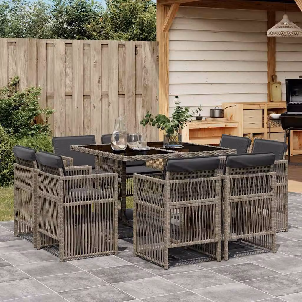 vidaXL Set da Pranzo da Giardino 9 pz in Polyrattan con Cuscini e Tavolo in Vetro Grigio e Nero – 1