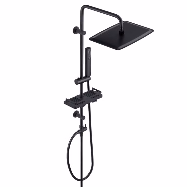 JOHO Colonna Doccia Nero Acciaio Inox Senza Miscelatore idromassaggio Asta Doccia Set Pioggia Doccetta,Porta Ogetti Mensola e Soffione Doccia 35x25 cm