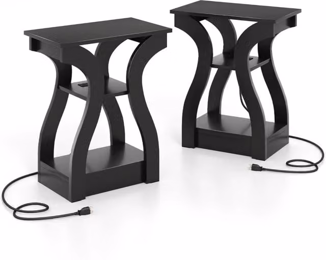 Tavolini da divano Design Mania con 3 ripiani, porte USB e prese di corrente, Nero opaco