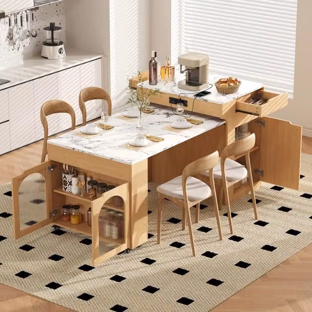 Isola da Cucina Allungabile ¨C Minimal ¨C Effetto Legno Naturale con Ruote e Piano in Vetro, 2 Cassetti