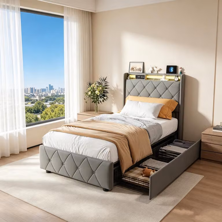 Letto contenitore con boxspring, imbottito, 90x200 cm, con LED e porte USB/C. Letto singolo con 2 cassetti e rete a doghe. Struttura del letto con testiera contenitore, rivestita in velluto grigio