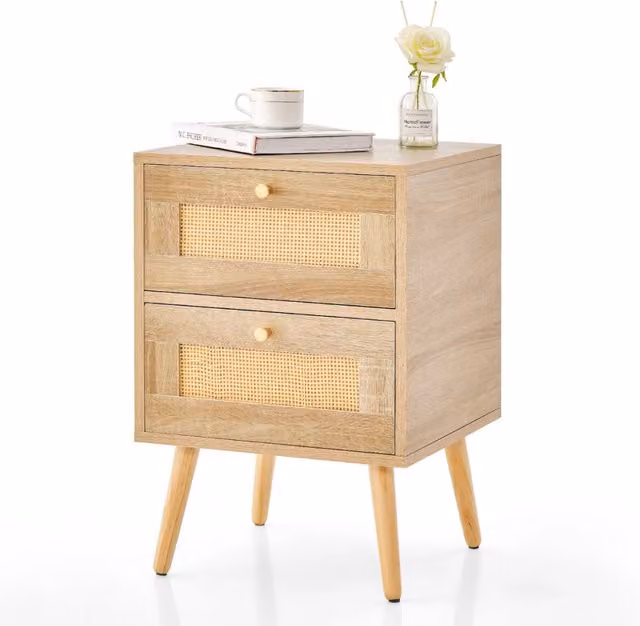 Comodino in rattan con 2 cassetti gambe in legno massello, Tavolino comodino Boho laterale per soggiorno Naturale