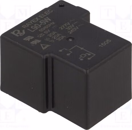 1 relè: bobina elettromagnetica, alimentazione: 5 VDC, corrente: 30 A, serie: L90, modello: L90-5W, tipo: elettromagnetico