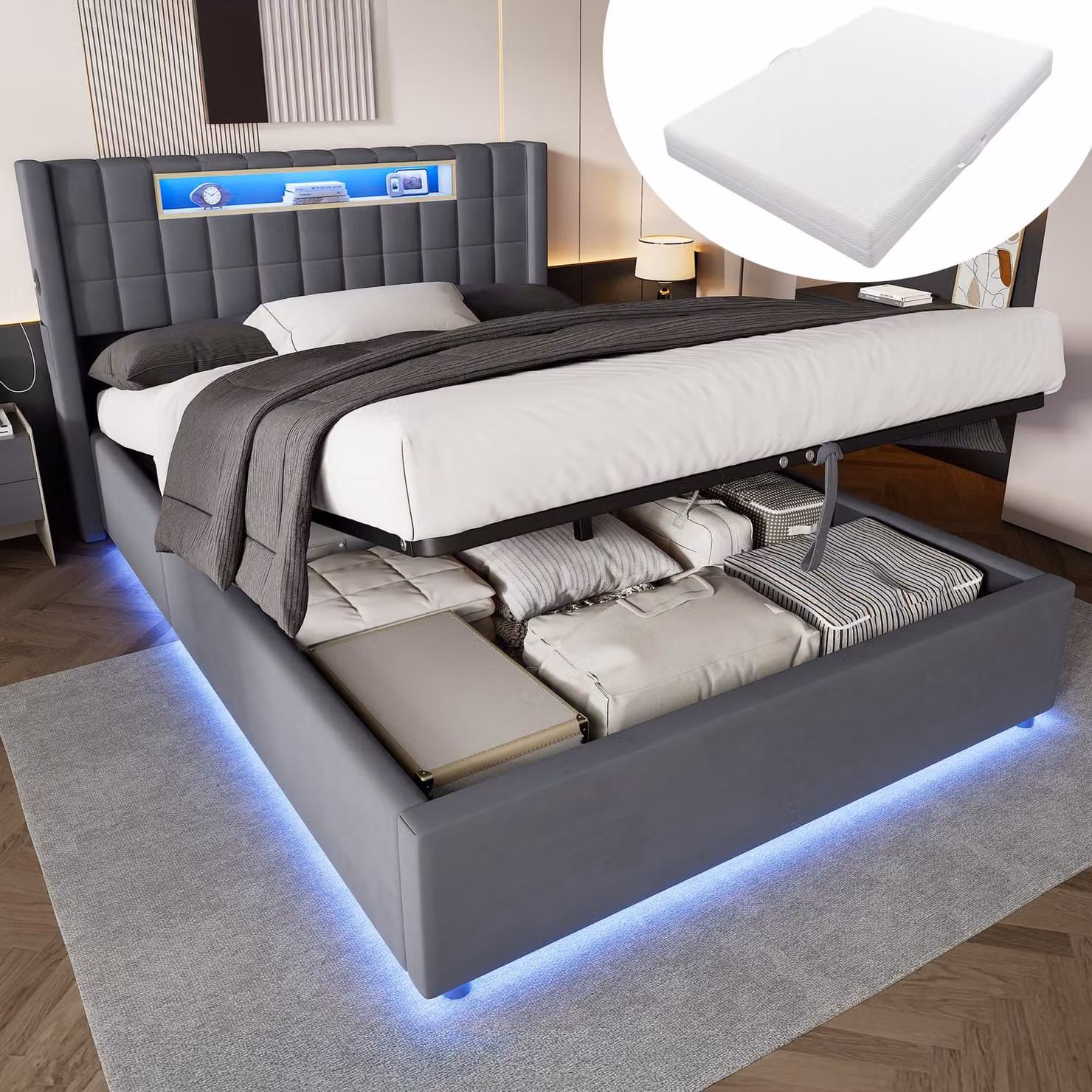 Letto imbottito MODFU 140x200 in velluto, completo di materasso, letto per ragazzi con ampio spazio contenitore, cassone letto idraulico, illuminazione LED e ripiano imbottito, moderno letto matrimoniale, colore grigio