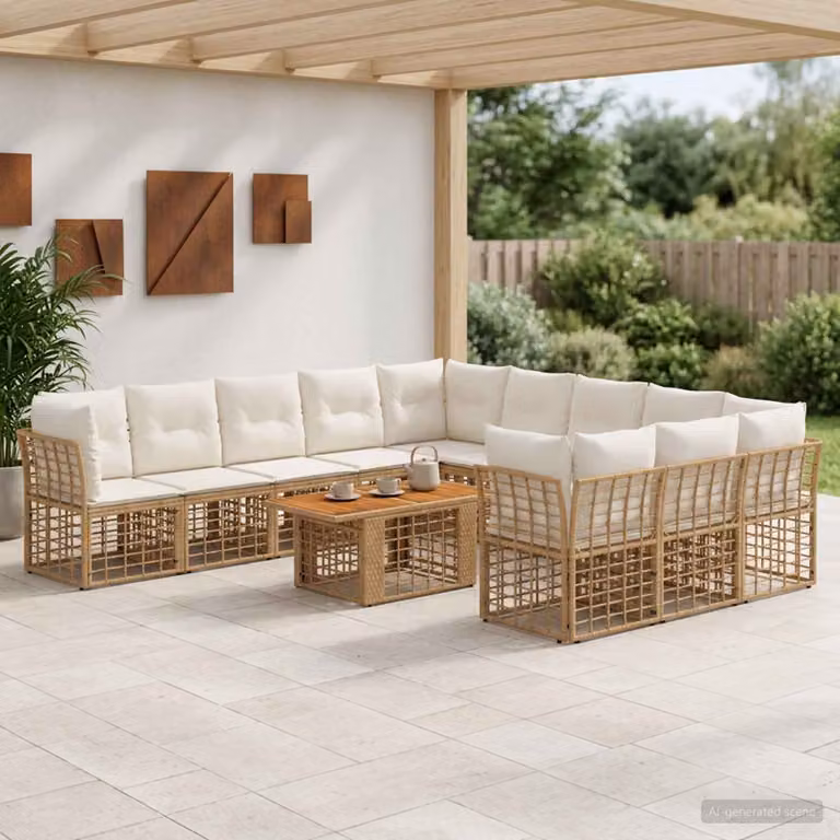 Set Divano da Giardino vidaXL 12 pz in Polyrattan con Tavolino e Cuscini, Design Moderno a L, Colore Naturale e Bianco Crema
