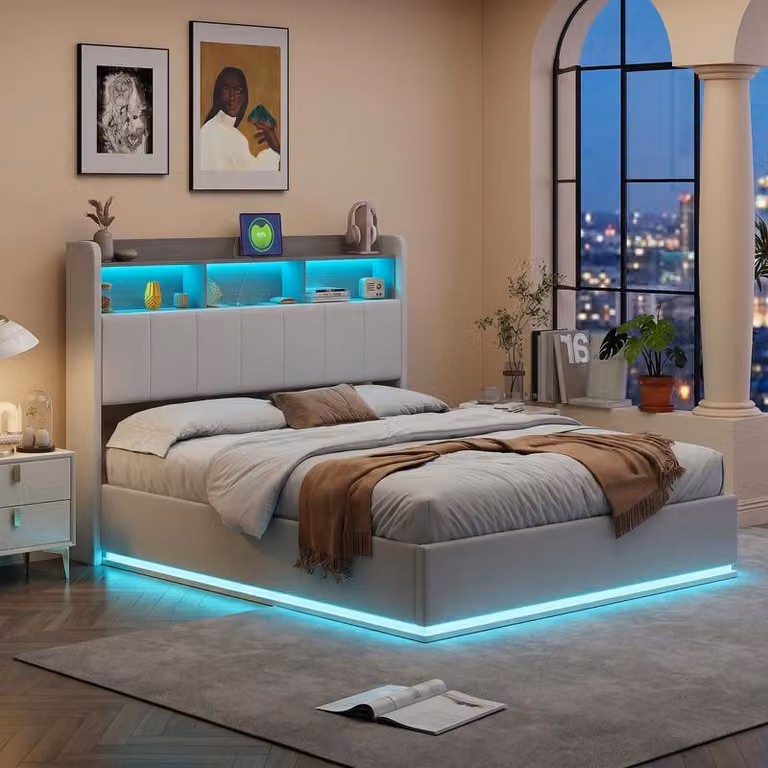 Letto imbottito ProximaX 140x200 cm in velluto beige – Letto matrimoniale con vano contenitore idraulico, illuminazione a LED RGB e testiera con vani portaoggetti, struttura letto moderna