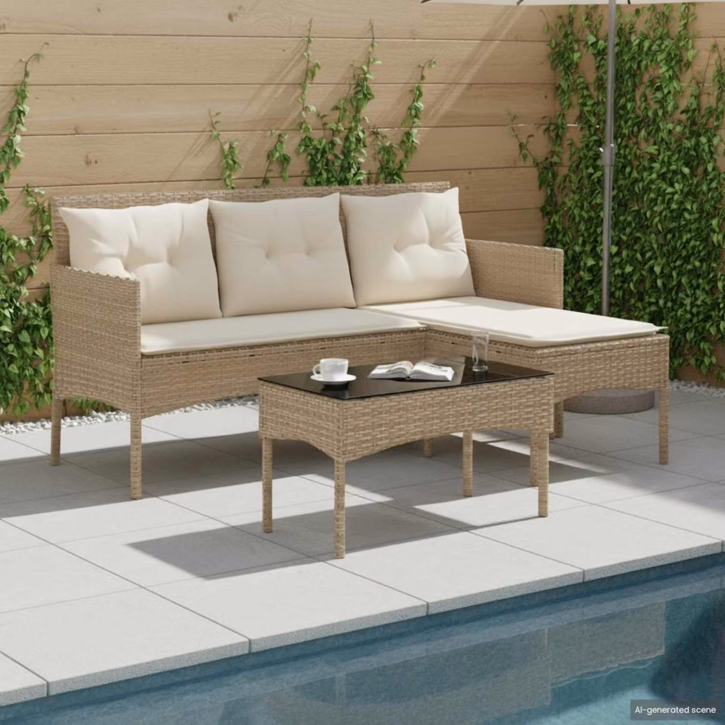 Set Divano da Giardino Moderno vidaXL con Angolare, Tavolino e Cuscini Beige in Polyrattan e Acciaio
