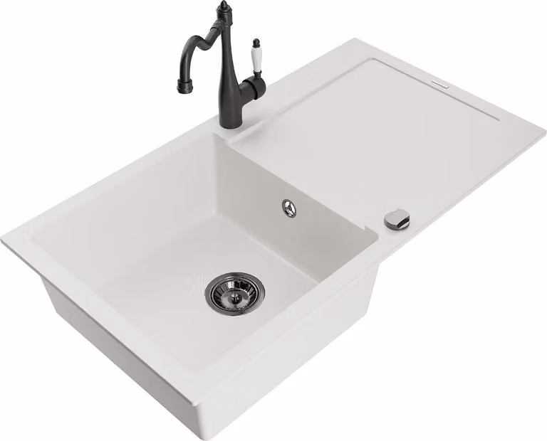 Mexen Leo lavello in granito con 1 vasca con scolapiatti e rubinetto da cucina Carla, bianco - 6501-20-670700-70