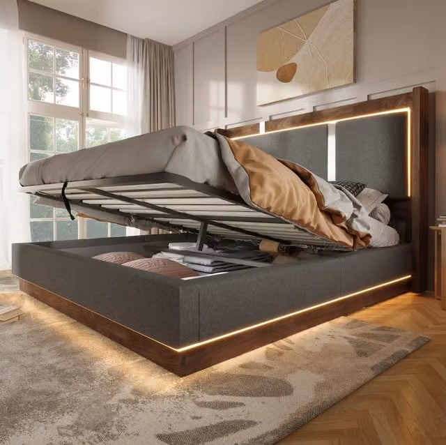 Letto matrimoniale MODFU con contenitore idraulico, imbottito e illuminazione LED, grigio e noce, L/P: 140 x 200 cm