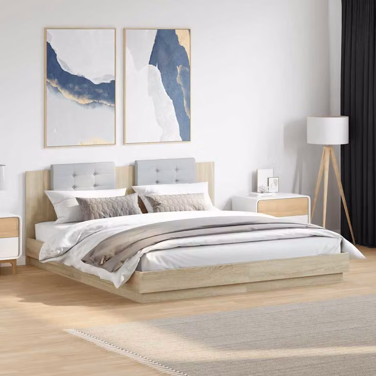 vidaXL Giroletto con Testiera, Illuminazione LED e Porta USB, Rovere Sonoma, L/P/H: 180 x 200 x 103 cm