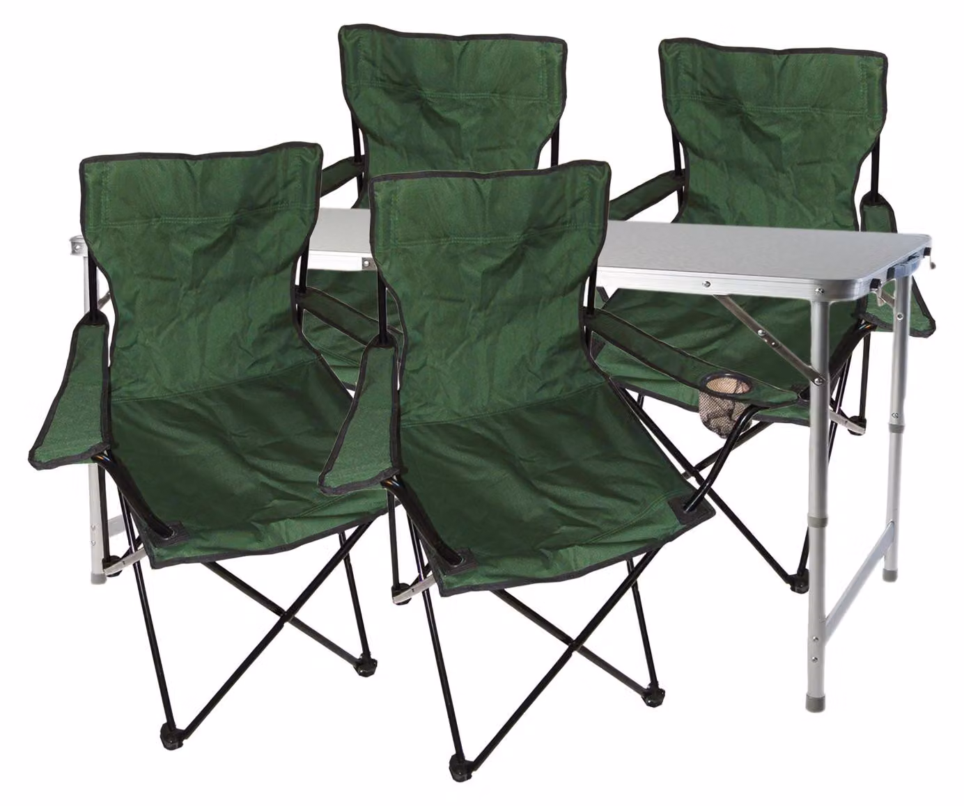Set da campeggio composto da 5 elementi: tavolo verde con altezza regolabile, sedie, borsa per il trasporto
