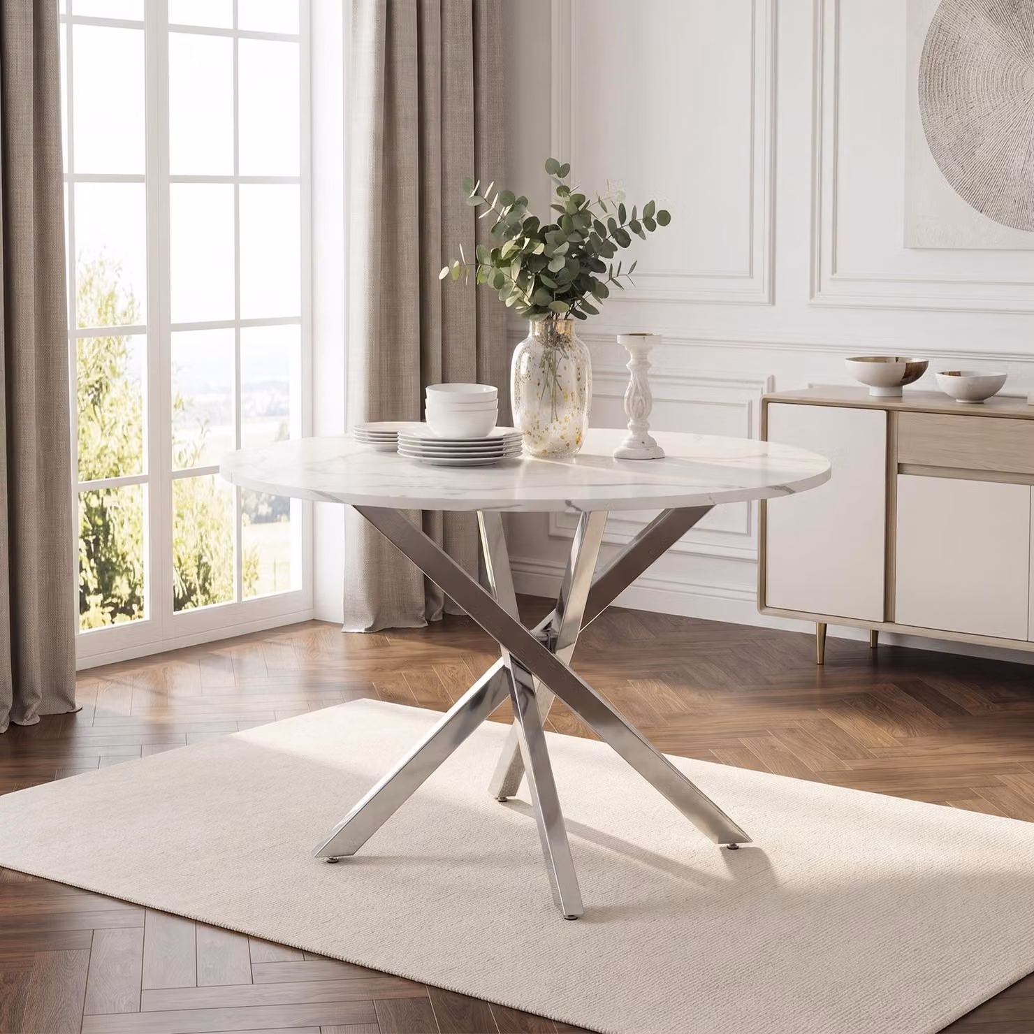 Tavolo allungabile, tavolo da pranzo rotondo, tavolo da cucina con piano in effetto marmo, tavolino da caffè, tavolino per il tempo libero, per 2-4 persone, 80x80x75 cm, argento