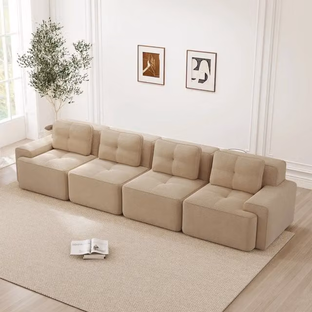 Divano modulare 4 posti in velluto a coste beige, 382 x 104 x 69 cm, seduta profonda 74 cm, senza struttura rigida