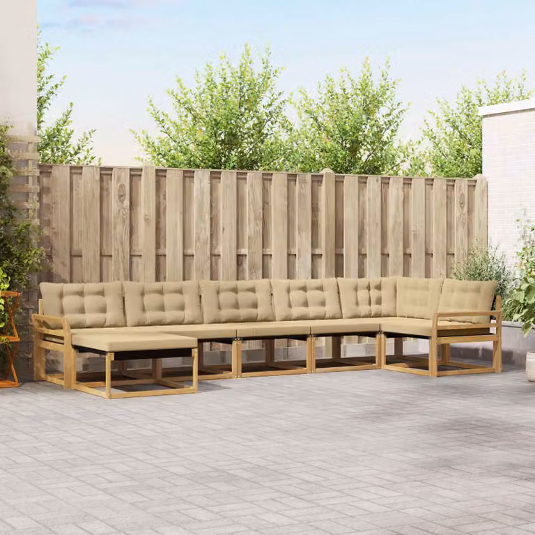 vidaXL Set di divani da esterno a L composto da 7 pezzi in legno di acacia, Bianco e Beige