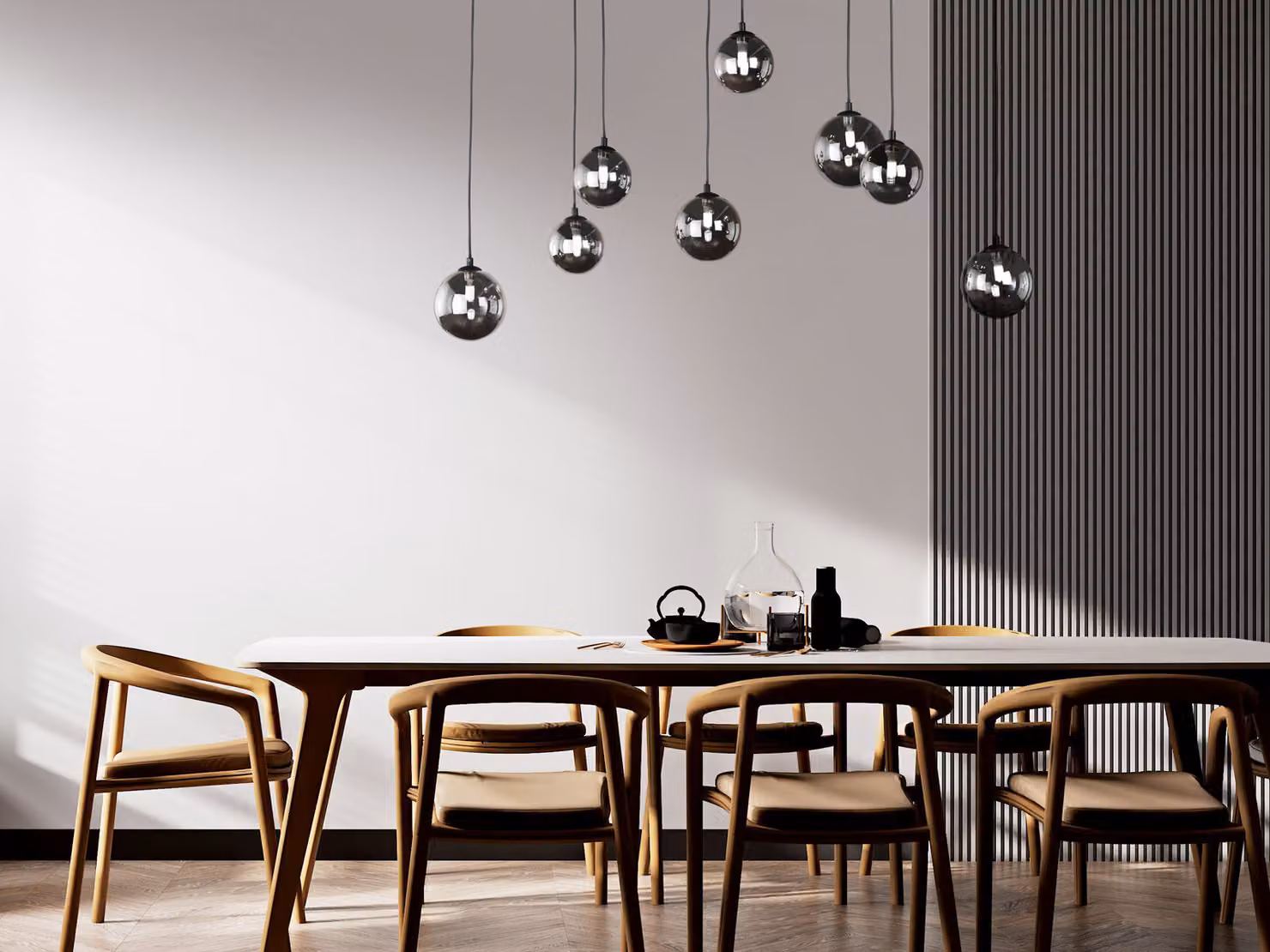Lampada a sospensione LED design multi-fiamma nero con 8 globi in vetro fumé, lunghezza 115 cm