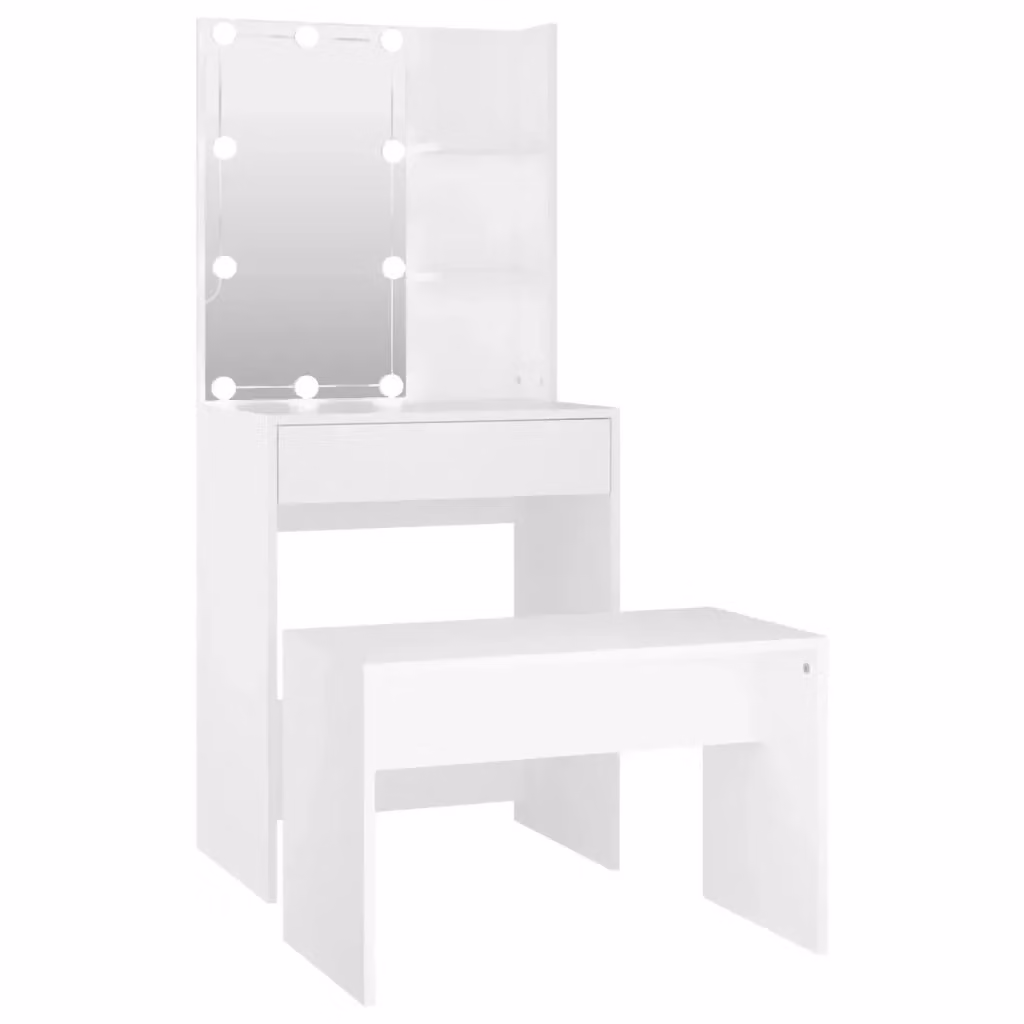 vidaXL Set Tavolo da Toeletta Hollywood LED Bianco in Legno Multistrato L: 140 cm, P: 40 cm, H: 60 cm – 2