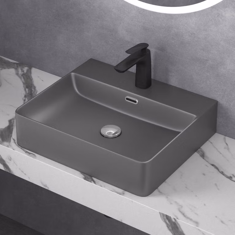 doporro Lavabo da Appoggio Lavandino Sospeso Bagno Rettangolare 50 cm in Vetroceramica Antracite Opaco con Foro per Rubinetto e Troppopieno - Meissen201