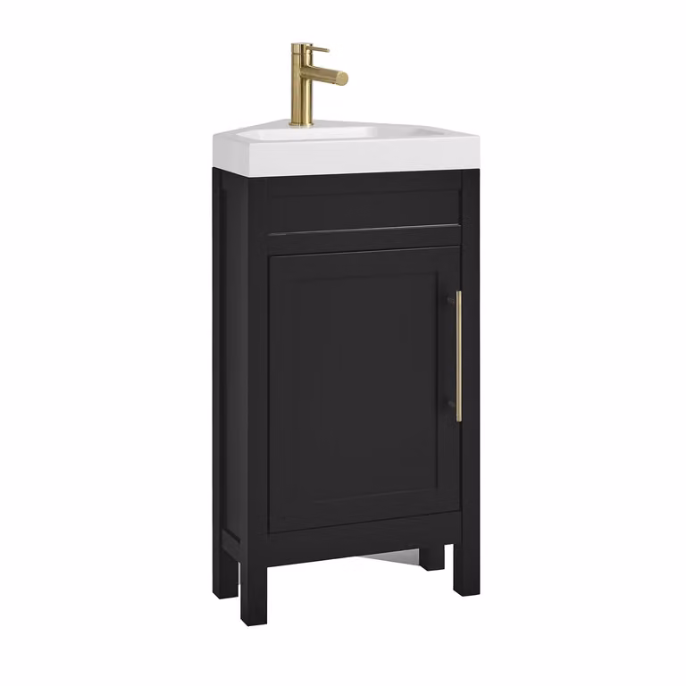Mobile Bagno Angolare Grigio Nero da 450mm con Lavabo e Maniglia Moderna con Barra a T in Oro Satinato - Warwick