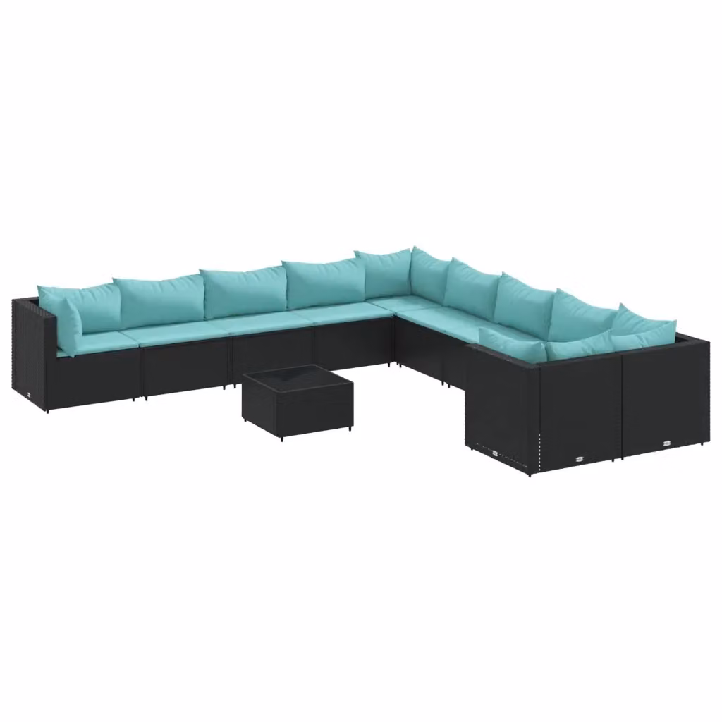 Set di Divani da Giardino a Forma di U vidaXL con 11 Pezzi, Cuscini Blu e Tavolino da Esterno, Struttura in Metallo Nero e Polyrattan – 2