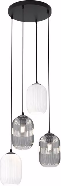 Lampadario a sospensione Luceart-Classic Nuit con 4 luci rotonde in acciaio nero e vetri plissettati bianchi e fumè con altezza regolabile – 1