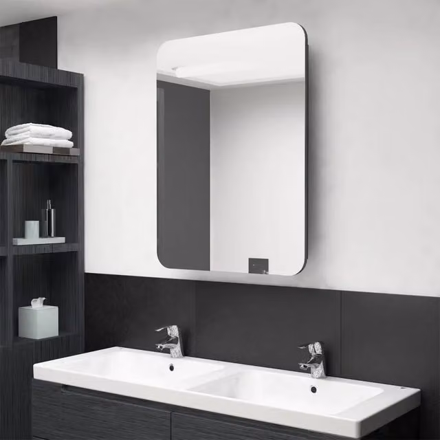 Armadietto da bagno con specchio e illuminazione LED VIDAXL, moderno, con ante in vetro e chiusura soft-close, Grigio, L: 60 cm, P: 11 cm, H: 80 cm